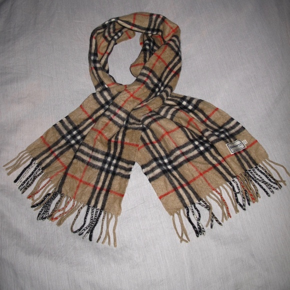 BURBERRYS Pure Cashmere Nova Plaid Scarf Tan Black Red Natural 12 x 53 - Picture 3 of 7
